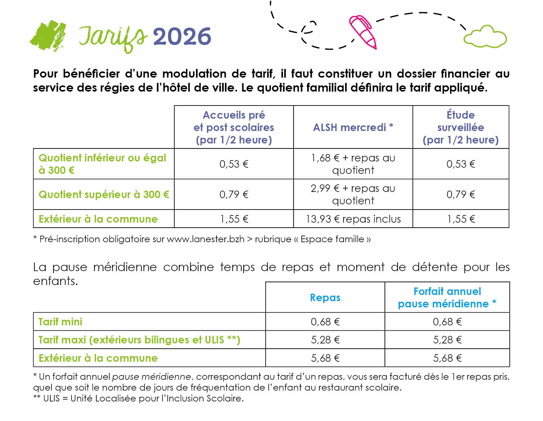 Calendrier scolaire et tarifs 