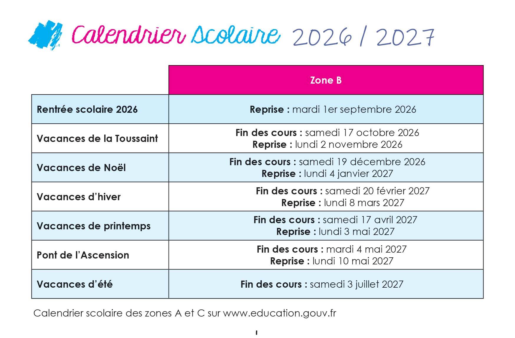 Calendrier scolaire et tarifs 2023-2024