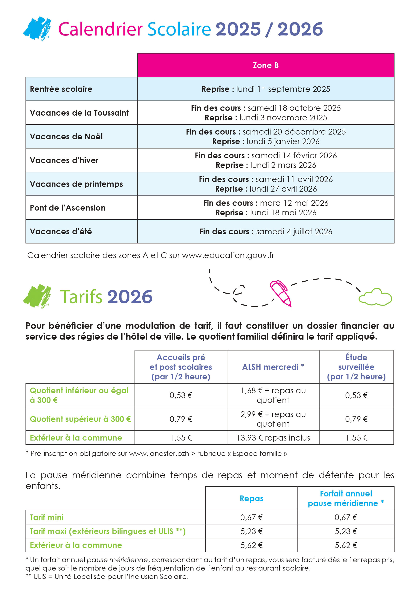 Calendrier scolaire et tarifs Lanester