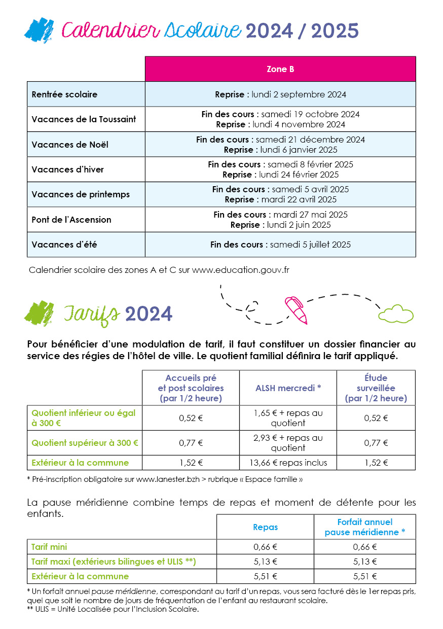 Calendrier scolaire et tarifs 2023-2024