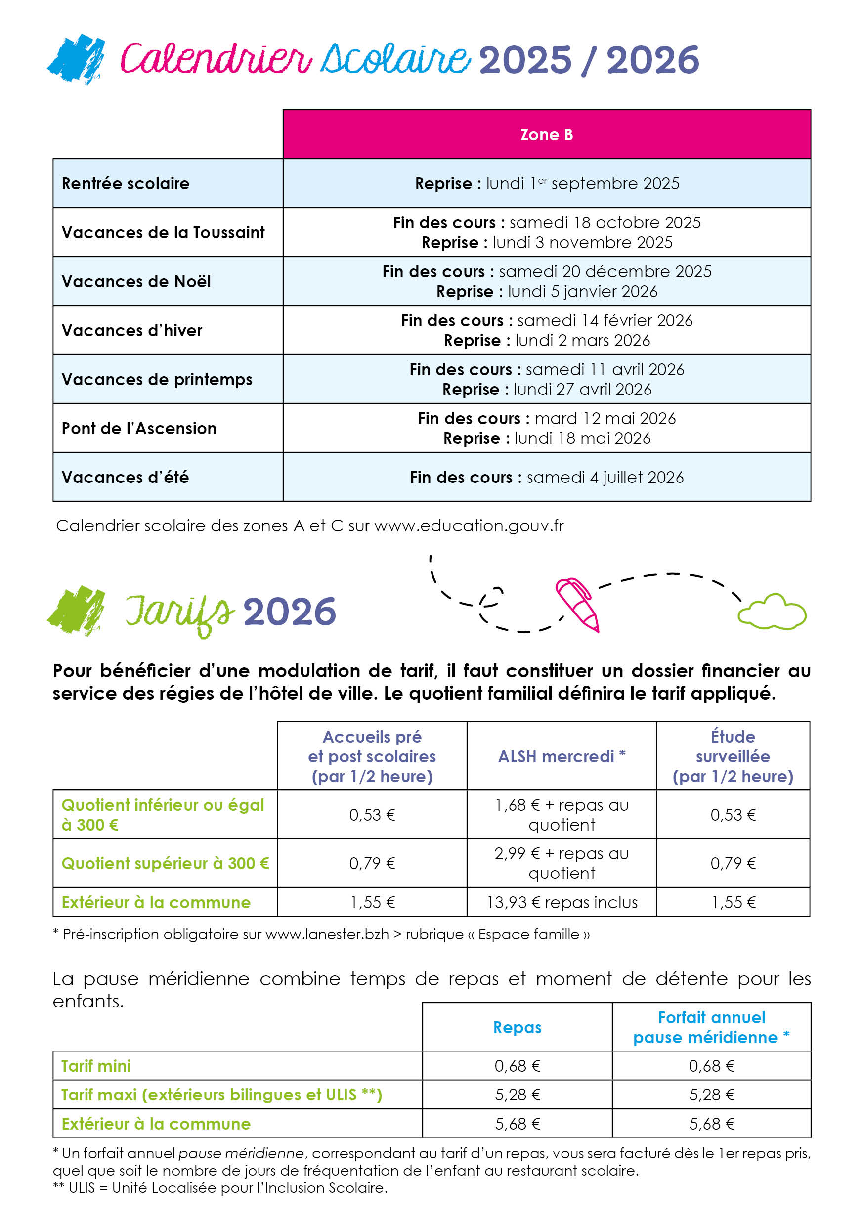 Calendrier scolaire et tarifs 2023-2024