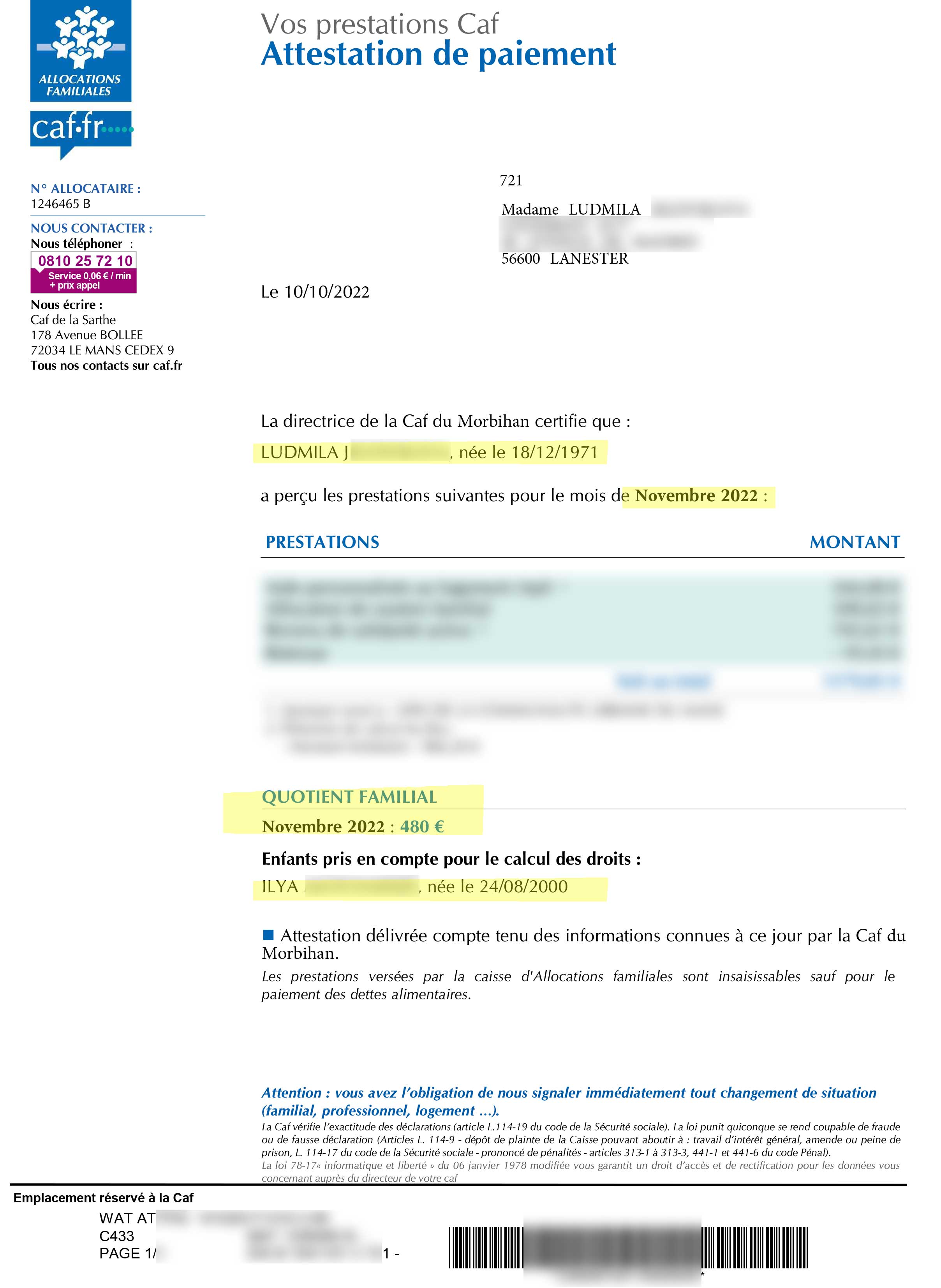 Modèle attestation CAF